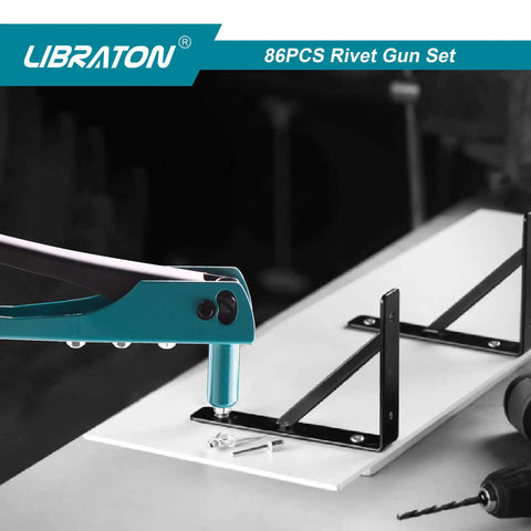 Heavy Duty Rivet Gun Kit With Four Interchangeable Heads For Metalwork And Automotive Use Includes 80 Rivets And 4 Drill Bits