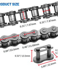 Heavy Duty 40 Roller Chain For Go Karts Mini Bikes Scooters Motorcycles Bicycles ATV Dirt Bikes And Industrial Machinery Ten Feet Long 240 Links With Five Master Links Included For Fast Repairs And Ready To Roll, showing link dimensions and master link size.