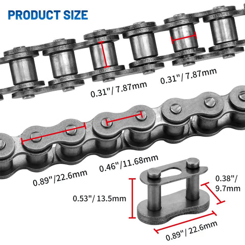 Heavy Duty 40 Roller Chain For Go Karts Mini Bikes Scooters Motorcycles Bicycles ATV Dirt Bikes And Industrial Machinery Ten Feet Long 240 Links With Five Master Links Included For Fast Repairs And Ready To Roll, showing link dimensions and master link size.