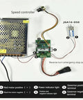 Wiring diagram for JGA16-050 gear motor speed controller with connections for DC motor and emergency stop switch.