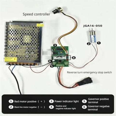 Heavy Duty 6V And 12V Mini Gear Motor Paired With JGA16-050 Speed Reduction Gearbox showing speed controller setup.