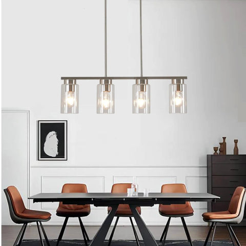 Farmhouse Style 4 Light Dining Room Fixture With Clear Glass Shades And Brushed Nickel Finish For Kitchen Island And Dining Table