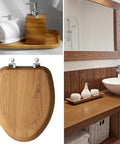 Natural Oak Veneer Toilet Seat With Chrome Hinges Elongated Fit Durable Wood Look Ideal For Quick Bathroom Upgrades