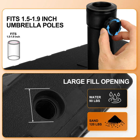 120 Pound Wheeled Patio Umbrella Base Heavy Duty Outdoor Umbrella Stand With Easy Glide Wheels showing fill opening and pole fit