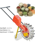 Rugged Garden Push Seeder Hand Push Manual Seeder Walk Behind Planter For Row Crops with 16 Nozzles shown with seeds