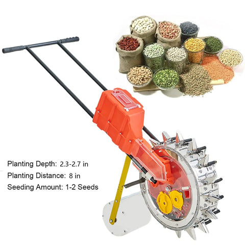 Rugged Garden Push Seeder Hand Push Manual Seeder Walk Behind Planter For Row Crops with 16 Nozzles shown with seeds