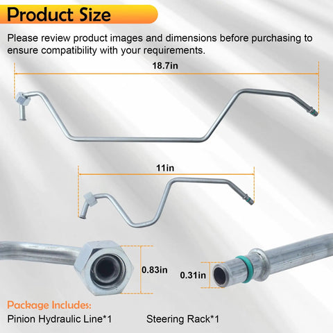 Rack Pinion Transfer Lines Kit For 2008-2014 Chevy Silverado Tahoe Suburban Avalanche GMC Sierra Yukon Cadillac Escalade ESV High Quality Replacements With Durable Copper Core Stainless Braided Hoses - product size illustration with dimensions.