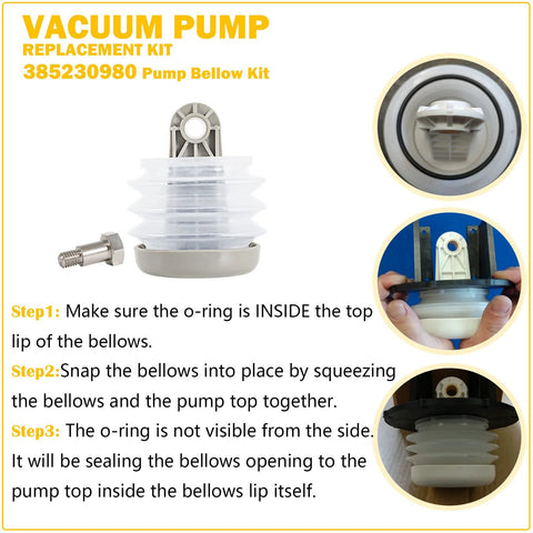 Front view of vacuum pump bellows kit with bolt and bushing for Dometic/Sealand J, S, T, VG and VHT series