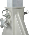 Close-up of portable adjustable height aluminum gantry crane base with securing pins for lightweight workshop hoist use.
