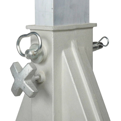 Close-up of portable adjustable height aluminum gantry crane base with securing pins for lightweight workshop hoist use.