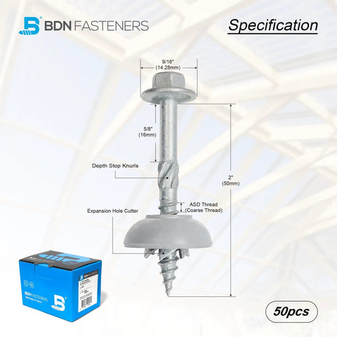 Self Tapping Skylight Screws For Polycarbonate Roof Panels And Wood Hex Flange Head Size 12 By 2 Inch 50 Pack Easy Install No Pre Drilling Needed Weather Resistant Roofing Fasteners image showing specifications and packaging
