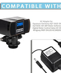 24V AC To AC Power Adapter For Aquasure Harmony Water Softener Gear AQT 56SE SMBP AQT56SE SM 3BP Digital Meter Control Valve AP HS Head Mingway MWY DH120 110V Input With Overvoltage Protection Overcurrent Protection Short Circuit Protections, showing adapter and valve.