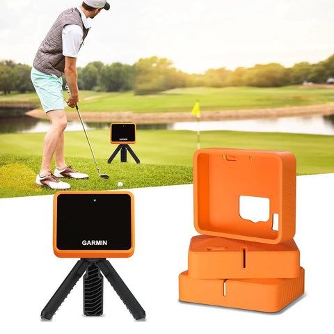 Silicone Case For Garmin Approach R10 Golf Launch Monitor With Screen Protector Film Shockproof Waterproof Dustproof Anti Scratch Non Slip Orange Grippy Tough For Everyday Use And Travel, shown on golf course