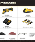 Rock Solid Brushless Oscillating Multi Tool Including Battery And Charger With All Day Run Time Pro Workhorse Combo Pack showing included tools and accessories.