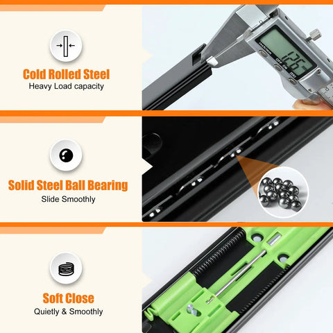 Soft Close Drawer Slides 22 Inch Full Extension Two Pairs Built Tough Heavy Duty 200 Lb Load Quiet Hydraulic Dampers Black Finish For Kitchen Cabinets And Dressers, cold rolled steel with ball bearings