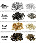 All In One Leather Grommet Kit 6mm Quarter Inch With 200 Eyelets in gold, black, silver, bronze displayed by color sets