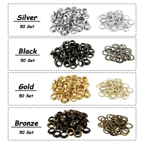 All In One Leather Grommet Kit 6mm Quarter Inch With 200 Eyelets in gold, black, silver, bronze displayed by color sets