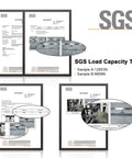 SGS load capacity test reports with images of testing equipment and process details for verified product quality.