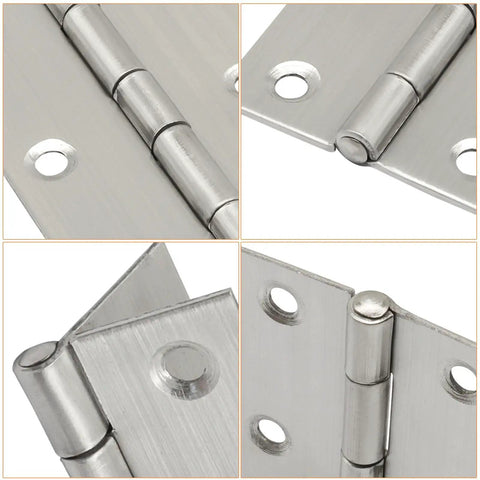 Close-up views of Two Pack 3 Inch 304 Stainless Steel Folding Hinge With Screws, Silver Butt Hinges for cabinets, jewelry boxes, DIY projects.