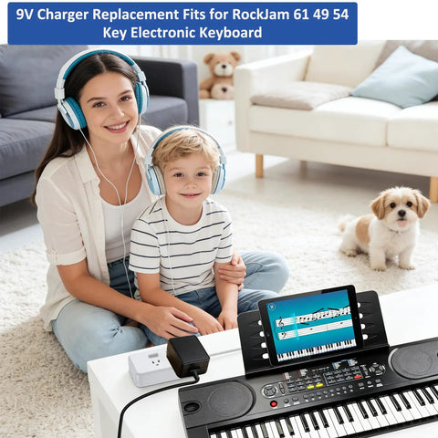 Child and woman with headphones using 9V Power Adapter For 61 Key Digital Pianos And Electronic Keyboards at home