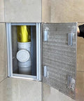 Hidden Tile Access Panel Aluminum Wall Inspection Cover 36X36 Inch flush mount shows open hatch for plumbing access.