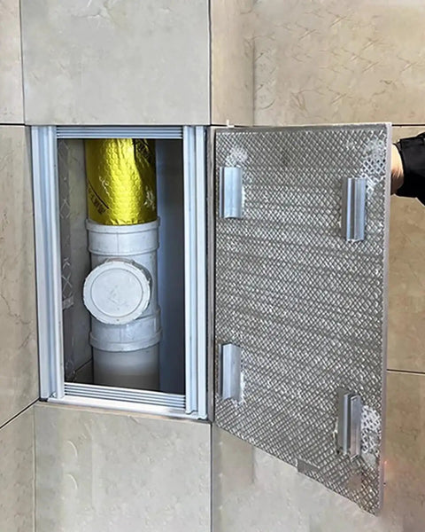 Hidden Tile Access Panel Aluminum Wall Inspection Cover 36X36 Inch flush mount shows open hatch for plumbing access.