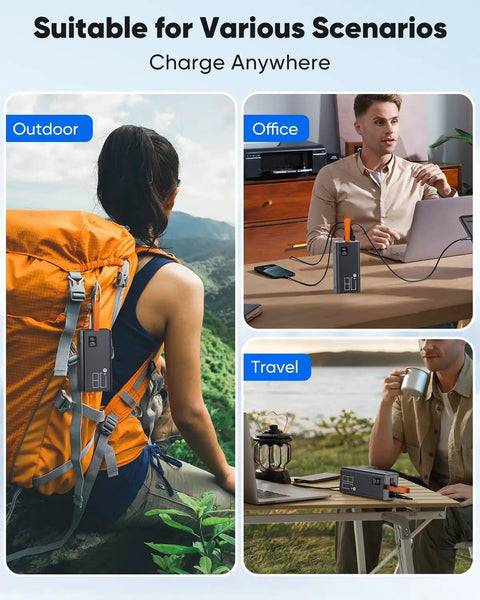 Massive 80000mAh Portable Charger Power Bank With 30W PD USB C Fast Charging used outdoors, in office, and travel settings.
