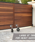 Heavy Duty Gate Wheel for Wooden or Metal Gates, 8 Inch Swivel Caster With Suspension, shown on wooden gate