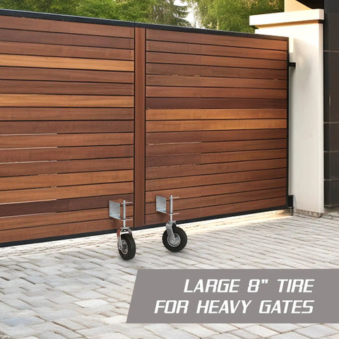 Heavy Duty Gate Wheel for Wooden or Metal Gates, 8 Inch Swivel Caster With Suspension, shown on wooden gate