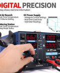 Person adjusting control on Three In One SMD Soldering Iron Station With Hot Air Rework DC Power Supply With Volt Meter 0 To 15V 0 To 2A Output 5V USB Charging Port And 35V DC Test Meter Compact Pro Grade Repair Station For Boards