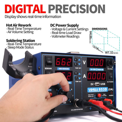 Person adjusting control on Three In One SMD Soldering Iron Station With Hot Air Rework DC Power Supply With Volt Meter 0 To 15V 0 To 2A Output 5V USB Charging Port And 35V DC Test Meter Compact Pro Grade Repair Station For Boards