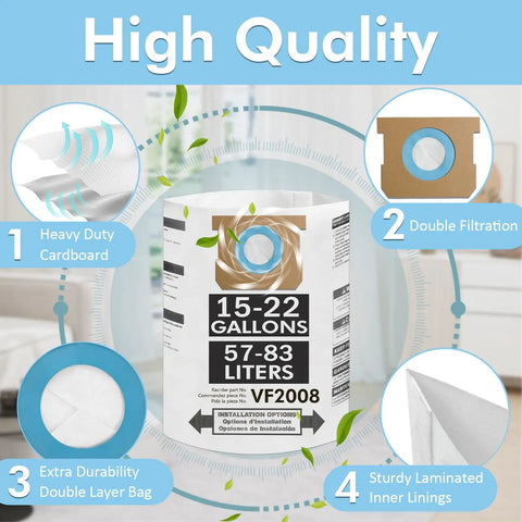 15 Pack Vacuum Bags For 15 To 22 Gallon Vacuums Type G/J disposable dust collection bags with features like double filtration highlighted