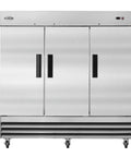 Heavy Duty Three Door Commercial Reach In Freezer With Stainless Steel And Aluminum Interior keeps pro kitchen inventory ice cold.