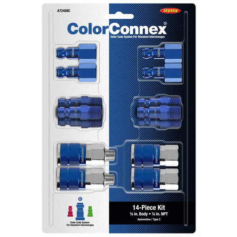 Blue 14 Piece Automotive Type C Coupler and Plug Kit With One Quarter Inch NPT Fittings Color Match System packaging