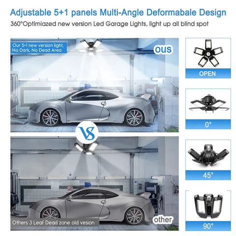 Two Pack LED Garage Lights With Five Plus One Panels, 160W 15000LM 6500K Adjustable Ceiling Mount, compared in garage