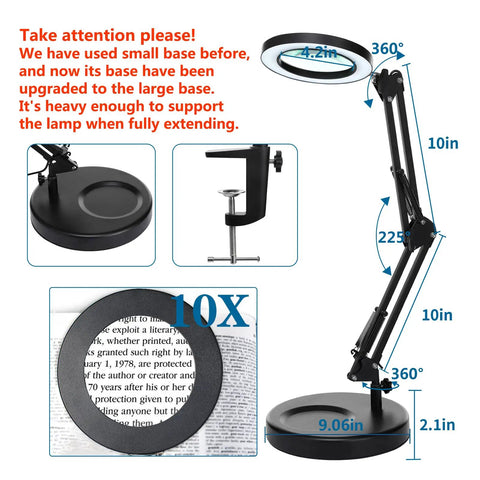 10X Real Glass Magnifier With LED Light And Clamp Desk Lamp 1800 Lumens Stepless Dimming 3 Color Modes 4.2 Inch Lens details.