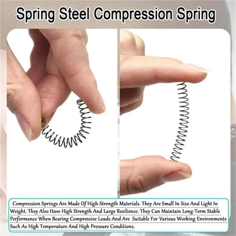 Premium 50Pcs Micro Compression Springs Steel Repair Kit For Precision Tools And Mold Fixes Featuring High Fatigue Resistance Stable Elastic Force And Heat Tolerance For Hardcore DIY Jobs, steel spring held between fingers