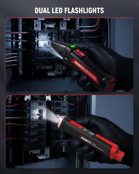 Plug And Play Circuit Breaker Finder Kit With Non Contact Voltage Tester illuminating a circuit breaker panel with dual LED flashlights.