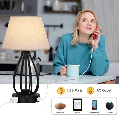Touch Control Desk Lamp With USB And AC Outlets, 3 Level Dimmable Bedside Nightstand Light in Modern Black With Linen Shade