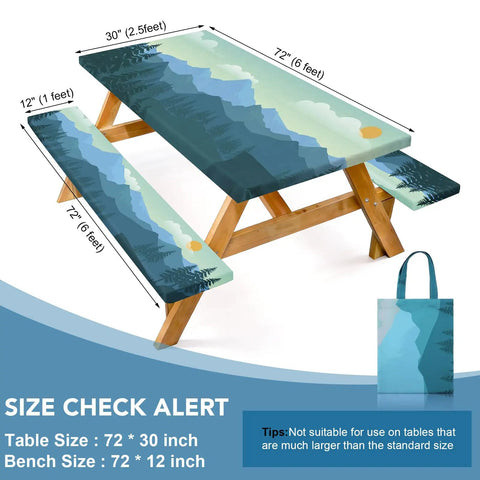 Three Piece Waterproof Picnic Table Cover Set With Bench Covers And Storage Bag For 72 Inch Tables, Elastic Edges, with size chart