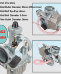 Carburetor With Air Filter Intake 26mm For 110cc 125cc 140cc Dirt Bikes Pit Bikes Lifan YX Zongshen XR50 CRF70 KLX BBR Apollo Thumpstar Braaap Atomic DHZ SSR And More, detailed views with dimensions and specifications, zinc alloy material shown.