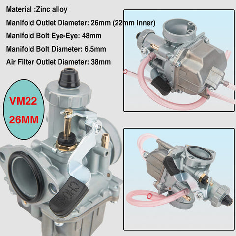 Carburetor With Air Filter Intake 26mm For 110cc 125cc 140cc Dirt Bikes Pit Bikes Lifan YX Zongshen XR50 CRF70 KLX BBR Apollo Thumpstar Braaap Atomic DHZ SSR And More, detailed views with dimensions and specifications, zinc alloy material shown.