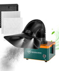 Green Mini Fume Extractor for Soldering with 50W Motor and filters, captures smoke at source for clean electronics workspace.