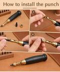 How to install the Slick Adjustable Leather Hole Punch With Solid Wood Handle Awl with six heavy-duty steel bits.