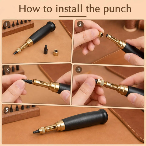 How to install the Slick Adjustable Leather Hole Punch With Solid Wood Handle Awl with six heavy-duty steel bits.