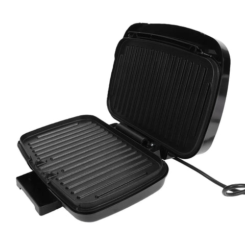 Haofy 1000W Electric Indoor Grill Panini Press with removable plates, compact black design with nonstick surface and ease of cleaning.