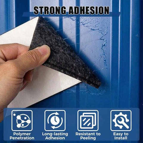 Self Adhesive Waterproof Roofing Roll, Hella Tough Self Stick Underlayment, showing strong adhesion to a blue metal surface.