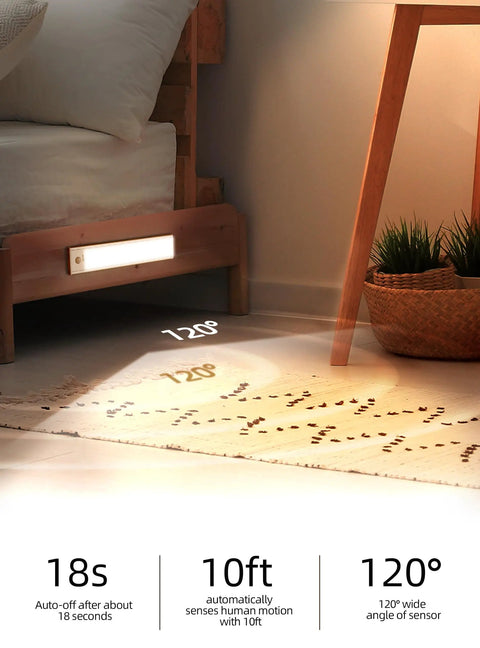3 Pack Magnetic LED Motion Sensor Under Cabinet Lights 7 Inch Light Bar placed on floor next to bed with 120° sensor angle