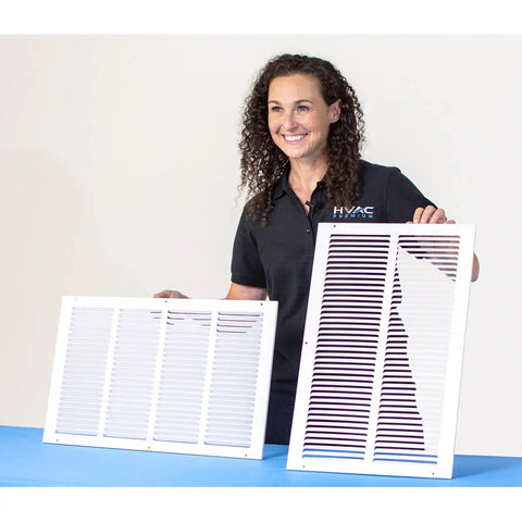 Woman holding 25x25 Flat Stamped Steel Return Air Grille For Duct Openings, Sidewall Or Ceiling Mount, White Finish, Easy Airflow Design.