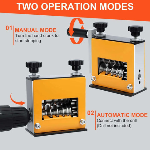 Dual-mode Pro Grade Cable Stripper Tool For 3 To 17mm wires, featuring manual crank and drill operation, built tough from steel and plastic.